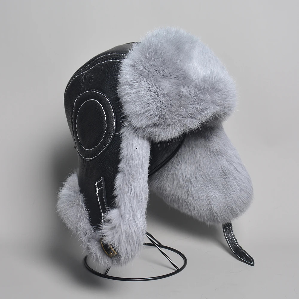 Winter Mens 100% Genuine Rabbit Fur Bomber Hat Wusanka Hat Hunter Russian Mens Ski Hat Genuine Sheepskin 241106