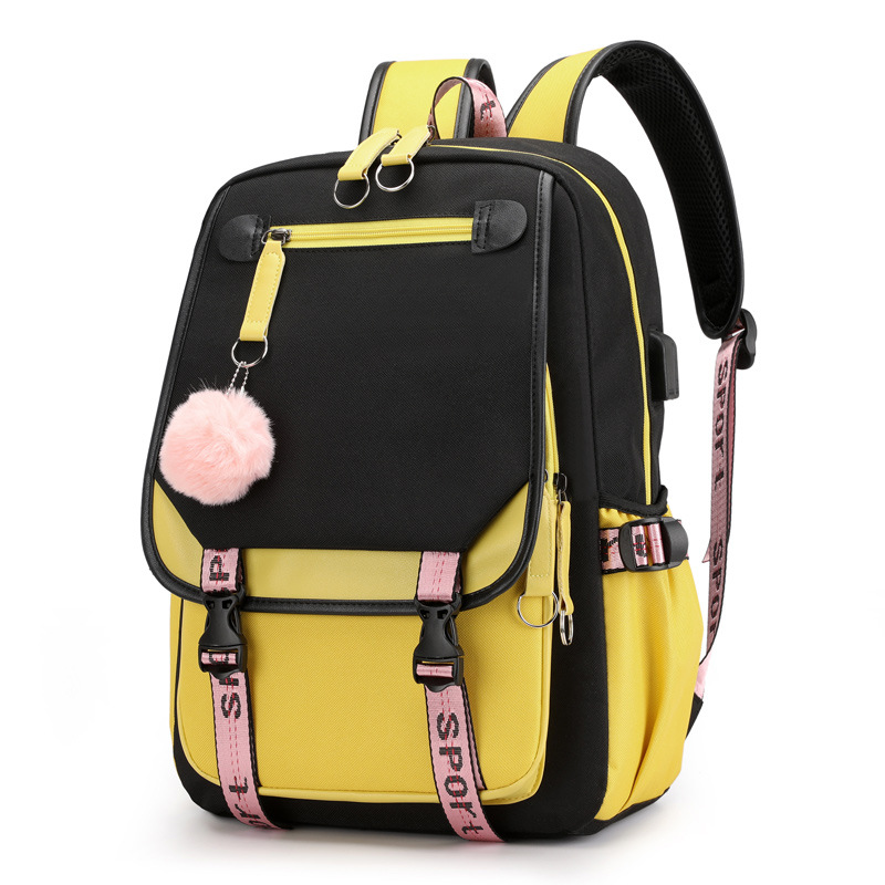 Fengdong large school bags for teenage girls USB port canvas schoolbag student book bag fashion black pink teen school backpack
