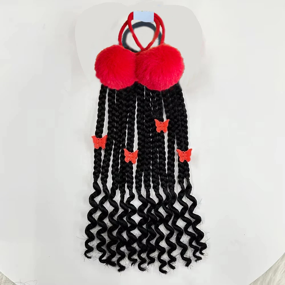 2 Packs Kids Ponytail Braids Hair ExtensionWith Curly Ends Detachable Synthetic Hairpieces With Bows Protective 241107