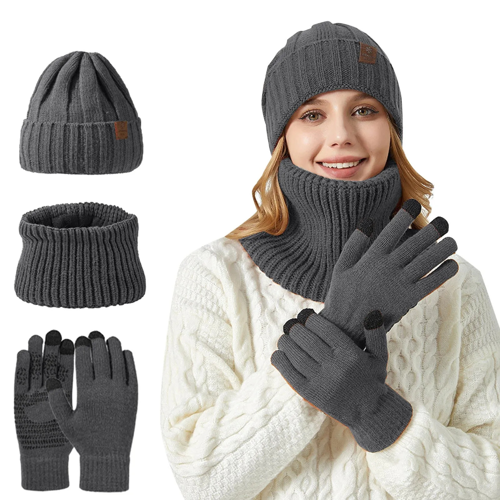 Fashion Beanie hat scarf and gloves three piece set for womens warm knitted hat winter thick solid mens scarf hat set 241107