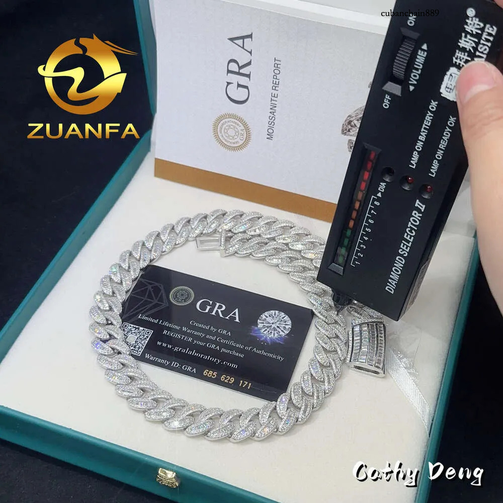 Pass Dia Test Hip Hop Jewelry 15mm Baguette Cut k Sier Moon Shape Vvs Moissanite Cuban Chain