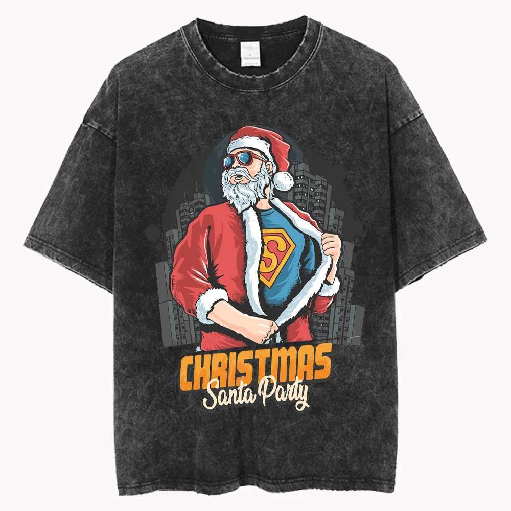 Super sized Santa Claus cotton washed T-shirt for women loose O-neck T-shirt Christmas Y2k casual retro short sleeved top X241107
