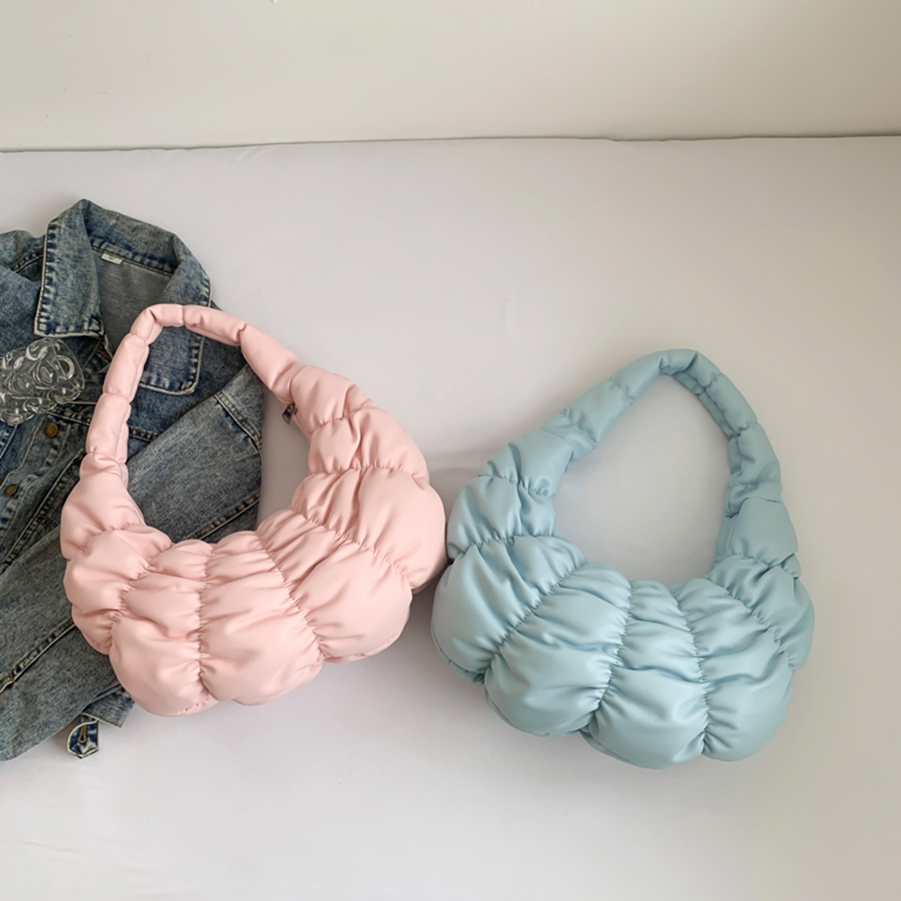 Women Cloud Tote Purse Large Capacity PU Pleated Underarm Bag Crescent Shoulder Bag Solid Color for Party Vacation