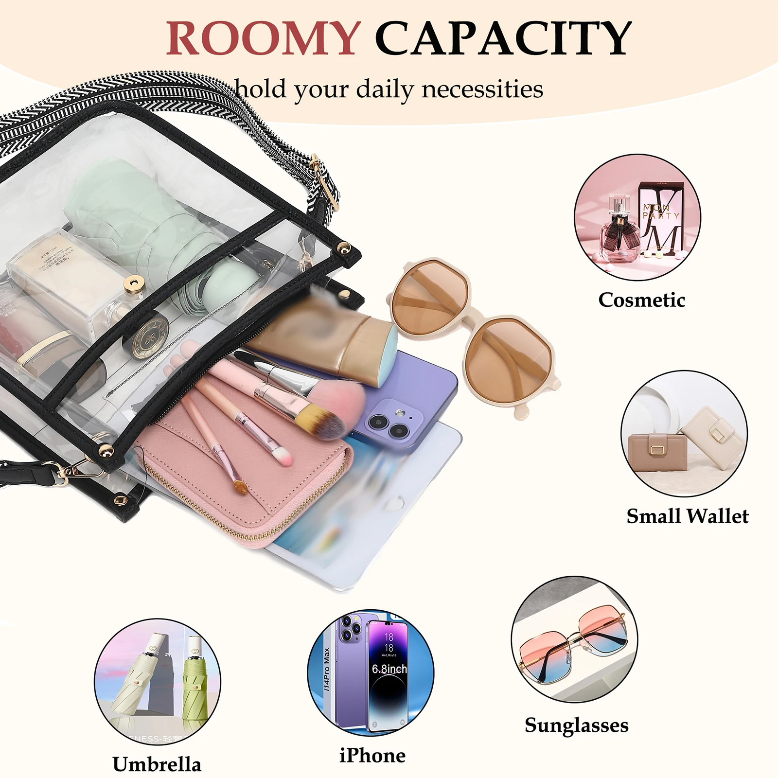 Fashion transparent cross body bag sports stadium certification bag letter making bag womens transparent bag with adjustable guitar strap 241106