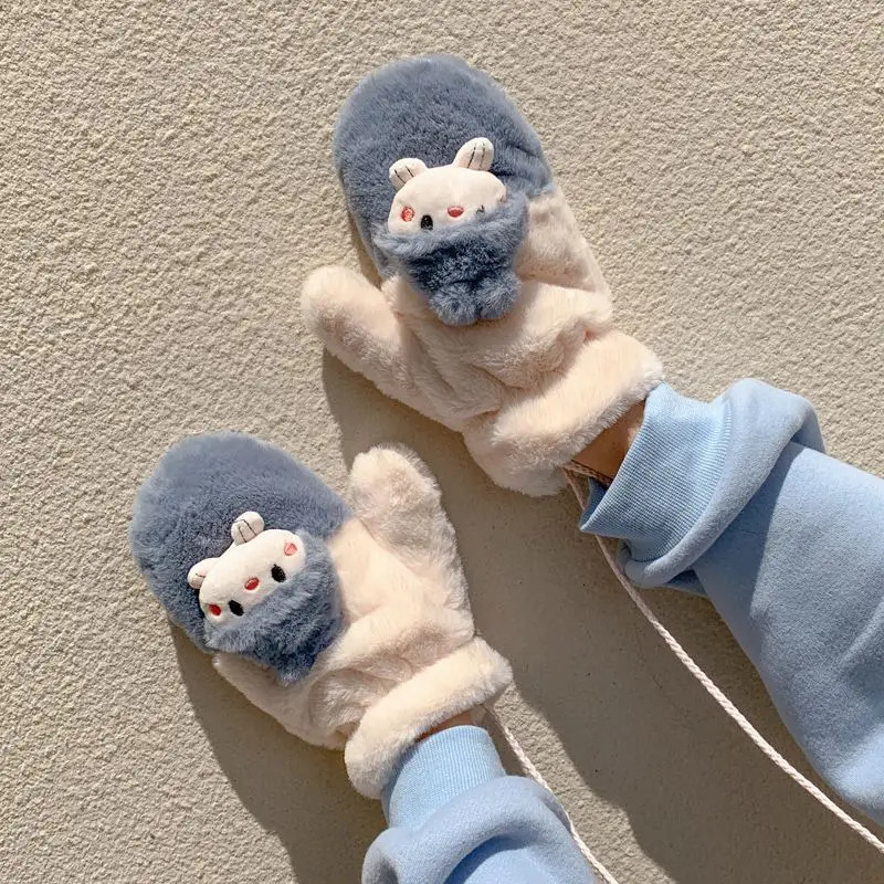 Cartoon suspender with finger gloves womens full finger cute and fashionable Ins Korea thick and soft winter outdoor warm hands student gift 241107