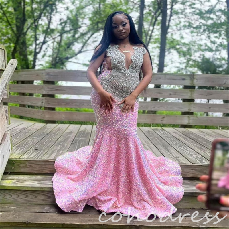 Pink Sequin Prom Dresses Plus Size Luxury Rhinestone Beaded Mermaid Evening Gowns Sleeveless Black Girls African Birthday Dress Pageant Party Vestio F