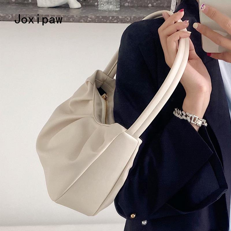 Vintage Large Capacity Pleated Shoulder Bag for Women Fashion Simple Solid Pu Leather Handbag 2022 New Trendy Casual Female Bag