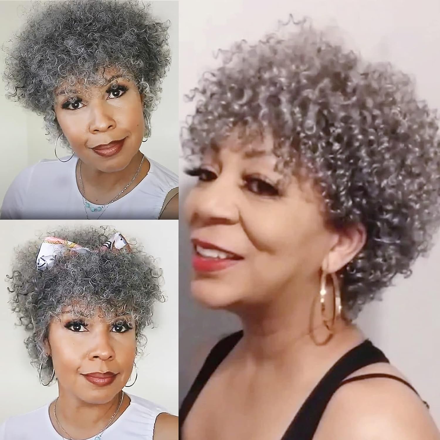 Grey Wig for Women Afro Kinky Curly Human Hair Wig Black salt and pepper silver Wig Glueless Gray Wig with Bangs Human Hair machine made none lace 150