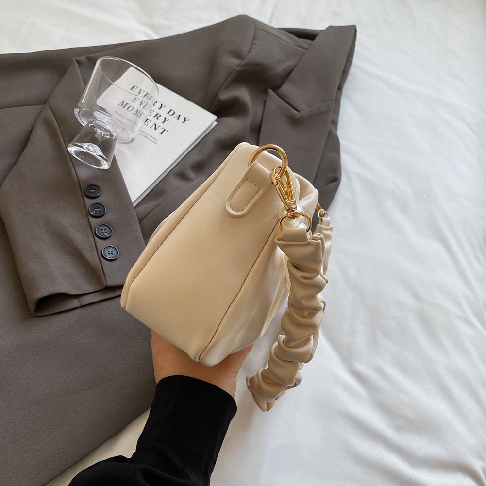 Women Ruched Shoulder Bag PU Leather Pleated Crossbody Bag Zipper Closure Simple Pearls Sling Bag Versatile Dating Bag