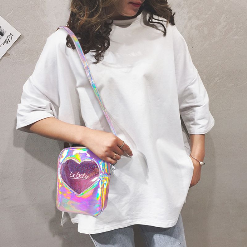 pink Diamonds Girls Messenger Bag Heart Handbags New Shoulder Bag PVC Soft Women Travel Bags Korea