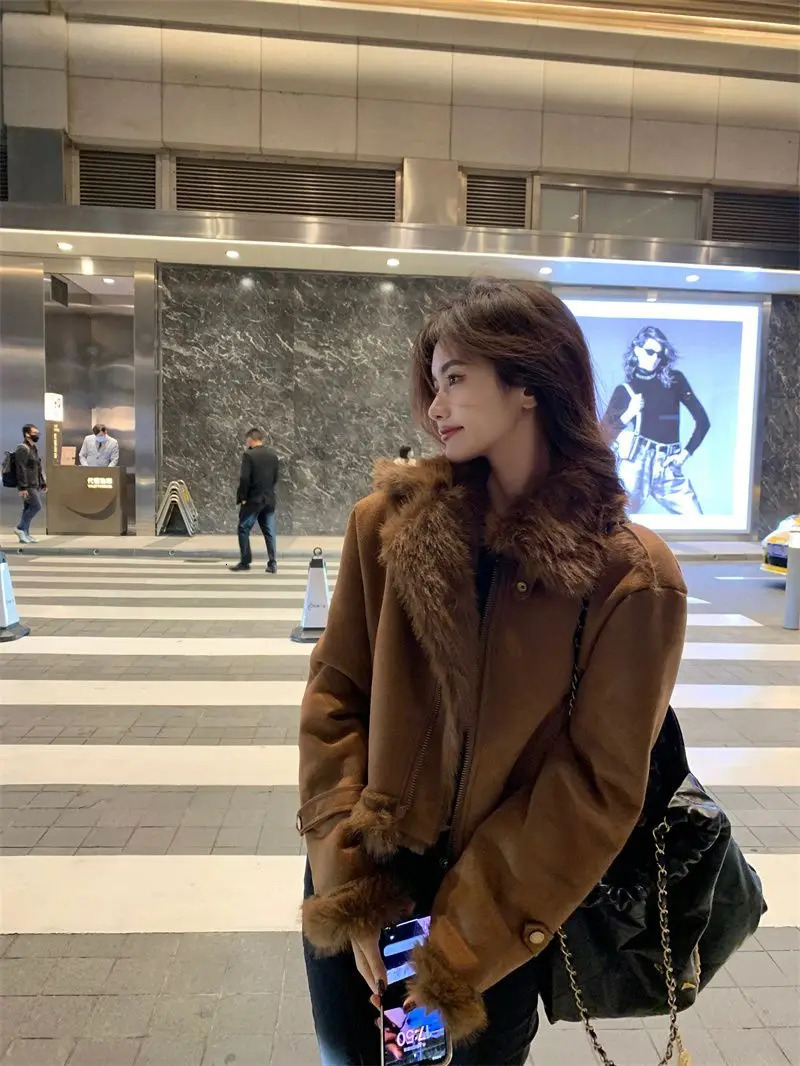 Krean Fashion Brown Fur Thick Motorcycle Coat Womens Winter Dress ly Issued Premium Thick Short Jacket Womens Top 241107