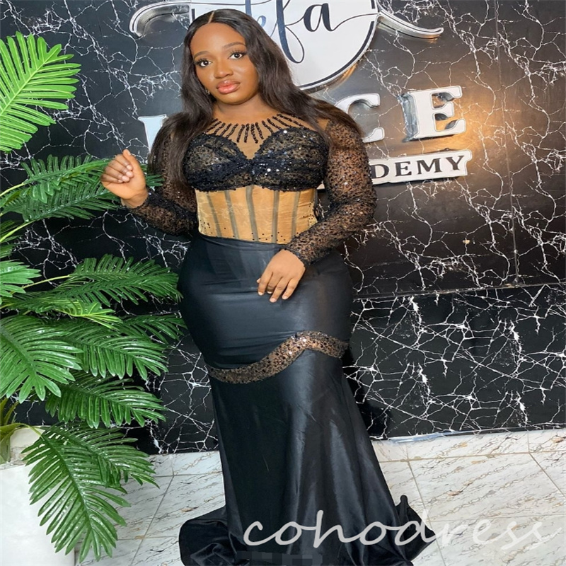 Amazing Black Plus Size Evening Dresses African O Neck Long Sleeve Beaded Mermaid Prom Dress For Black Girls Elegant Satin Birthday Dress Women Vestid