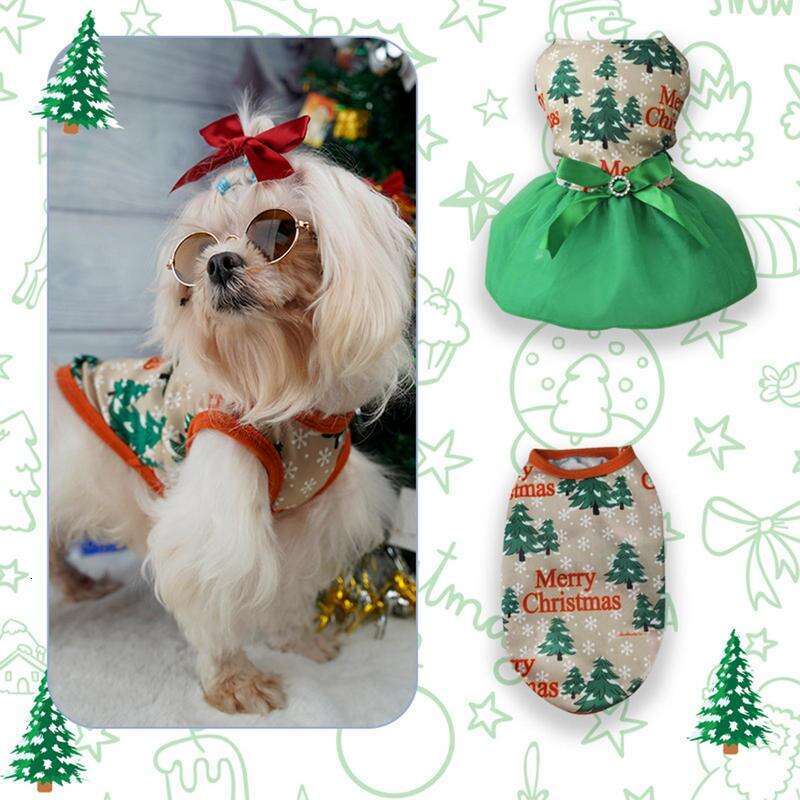 Merry Shirt Fashion Dogs Christmas Tree Skirt And Vest Girl Dog Holiday Dress Lightweight Puppy Clothes Pet