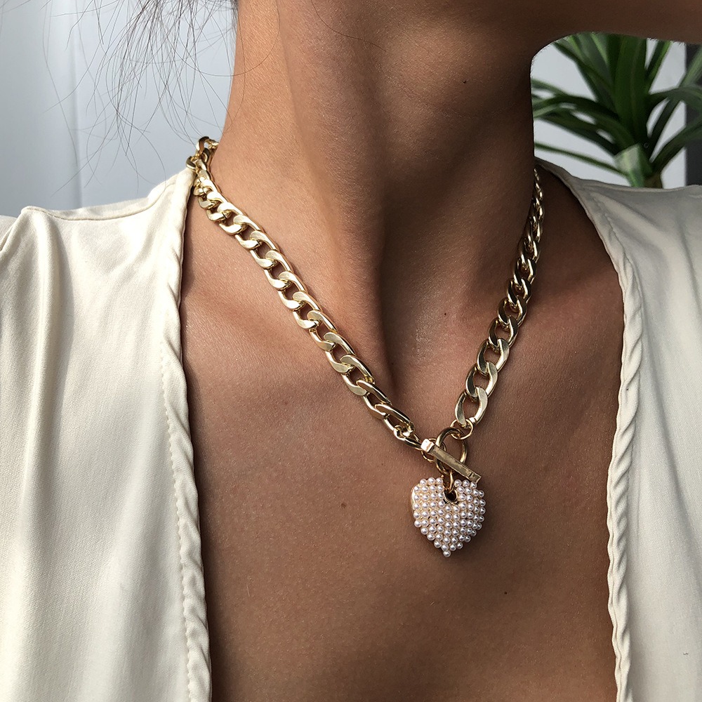 European and American Punk Minimalist Rice Bead Love Necklace Cross-border Versatile Metal Texture One Line Buckle Necklace Pearl Necklace for Women