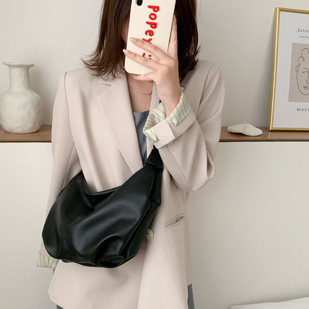 Retro Spring Woman New Solid Color Large Capacity Wide Single Strap Zipper Fashion Half Moon PU Leather Chest Bag All Match
