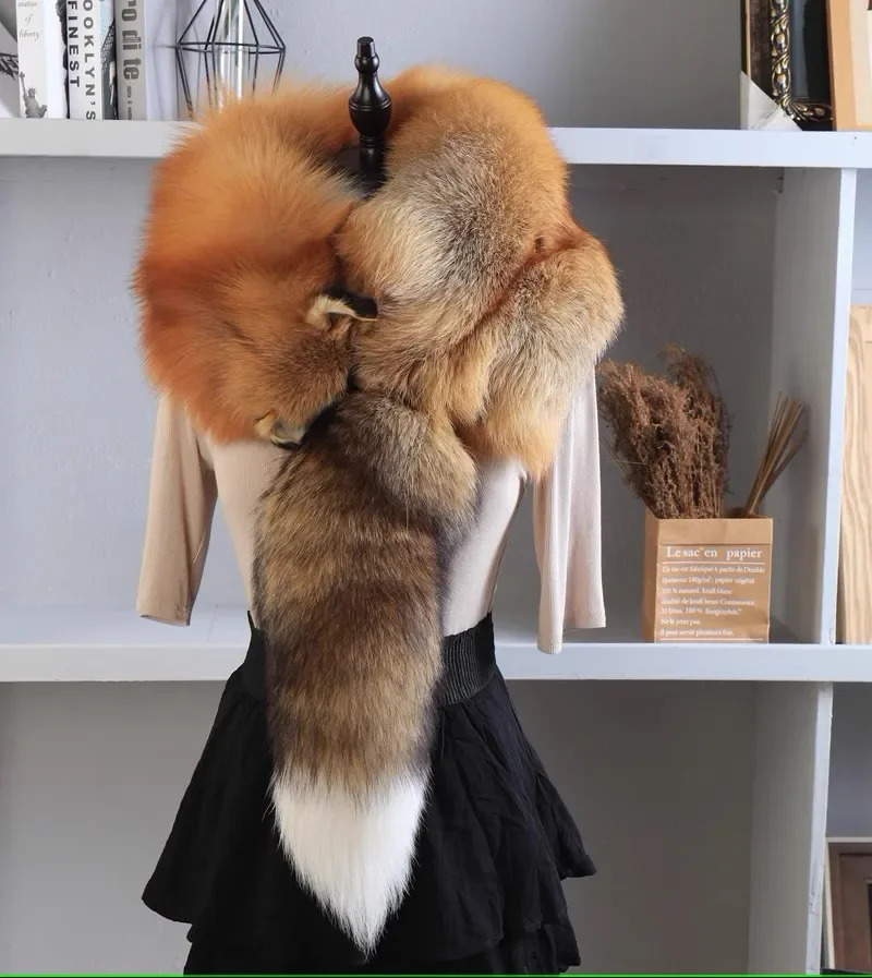 Party Real Fox Fur Scarves Natural One-Piece Fox Fur Collar Warm Soft Real Fox Fur Scarf Women Men Jackets Hood Shawl 241107