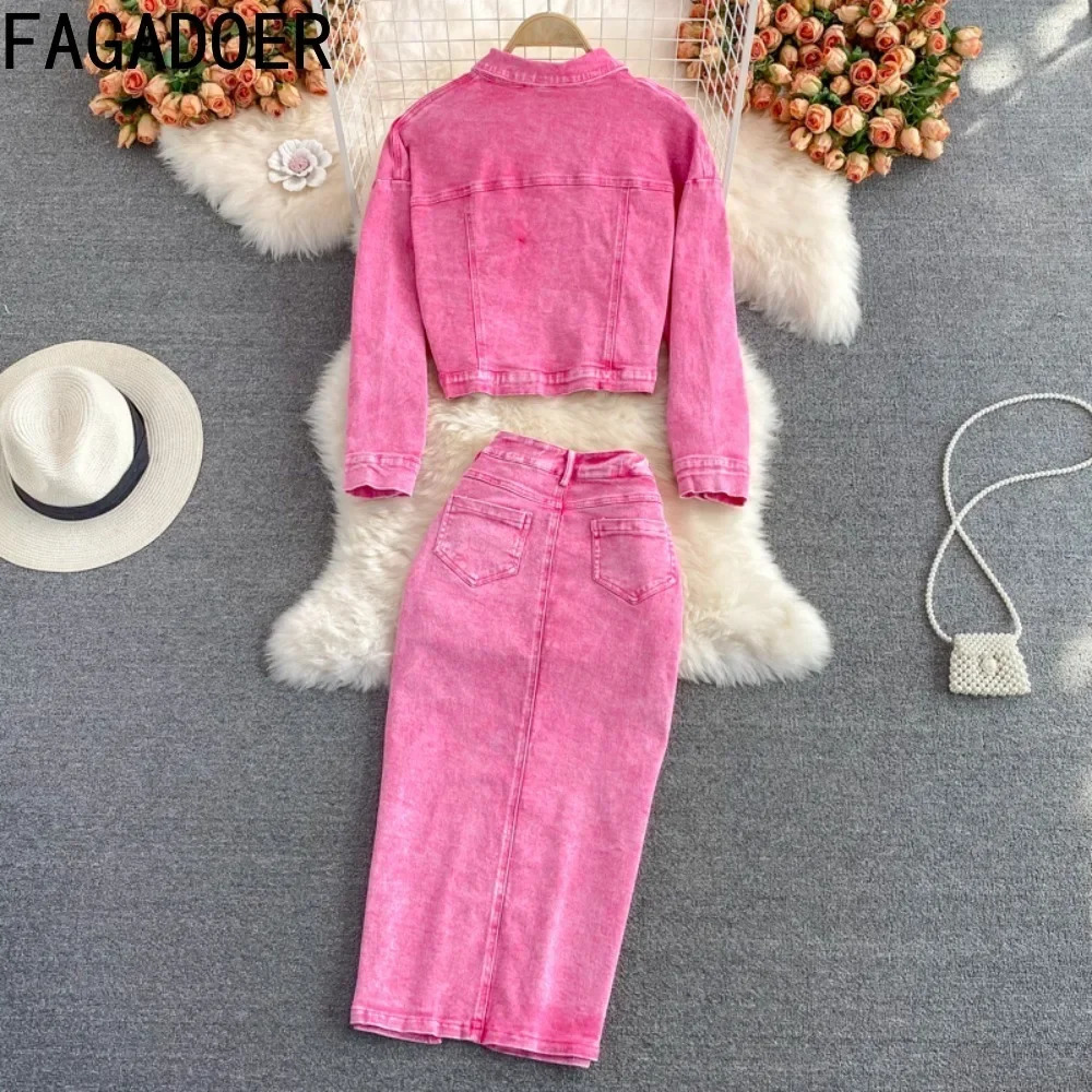 FAGADOER Pink Denim 2 Piece Sets Women Outfit Fashion Lapel Buttons Crop Jacket and High Waist Denim Skirt Suits Y2K Streetwear 241107