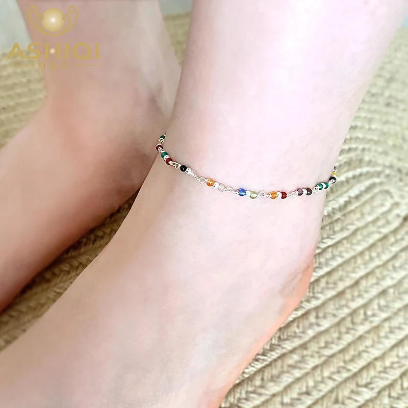ASHIQI Summer Jewelry Natural Stone Agate 925 sterling silver Anklet womens mixed color 241107
