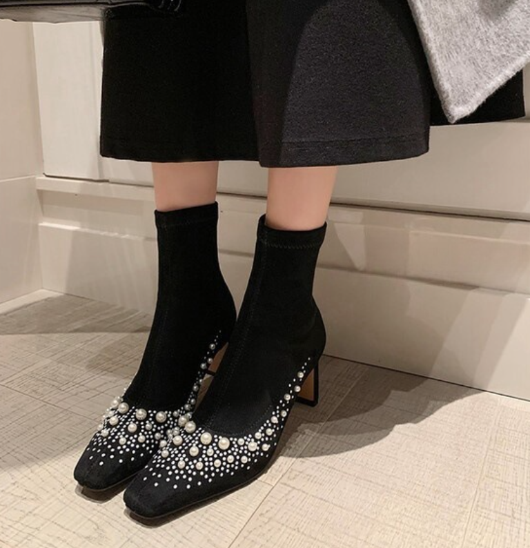 Women's Fashion Boots:Pearl Design High Heels Suede Slim French Square Toe Versatile,Black/Grey,fashion