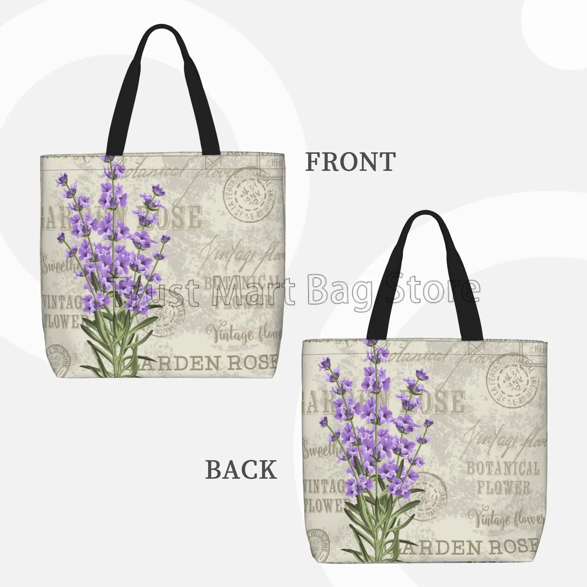 Vintage Lavender Flower Stamp Canvas Tote Bag Large Women Casual Shoulder Bag Handbag Reusable Multipurpose Shopping Grocery Bag