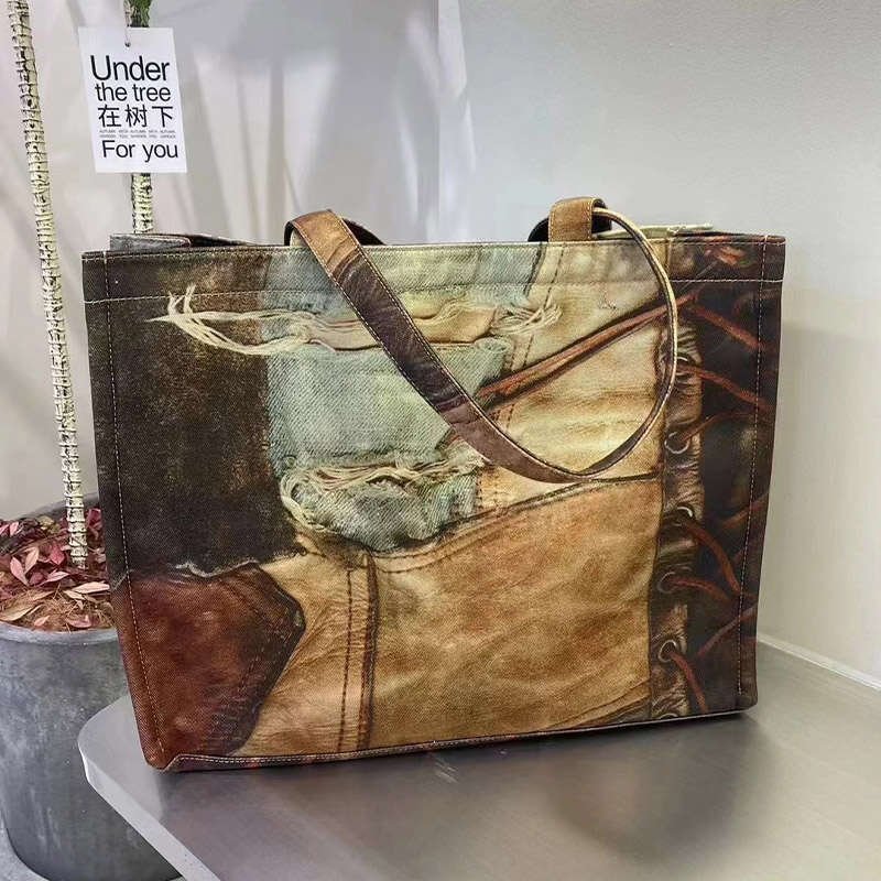 2024 OLOEY Spring and Summer New Retro Distressed Printed Shopping Casual Canvas Large Tote Mommy Women's Fashion Bag