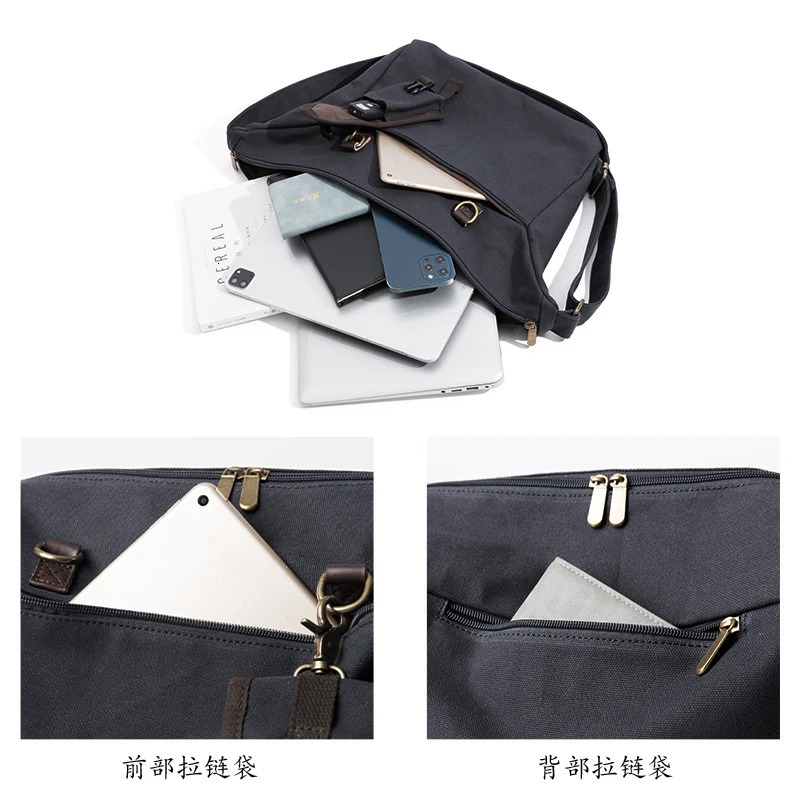 Canvas Messenger Bag for Men 14 inch Laptop Shoulder with Zipper Retro Hobo Male Female 241106