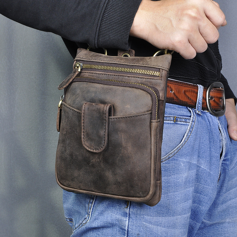Crazy Horse Leather Male Casual Design One Shoulder Messenger bag Fashion Hook Belt Fanny Waist bag Pack Summer Small Phone 6549