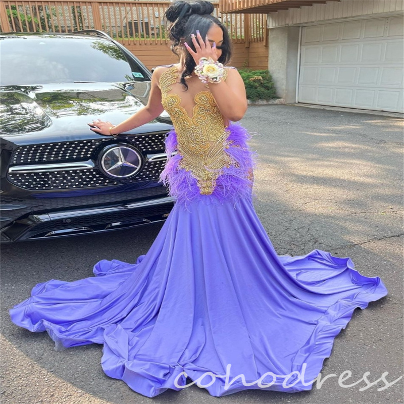 Gorgeous Lilac Prom Dresses With Feather Gold Rhinestone Mermaid Evening Gowns Black Girls African Birthday Dress Sexy Backless Plus Size Formal Dress
