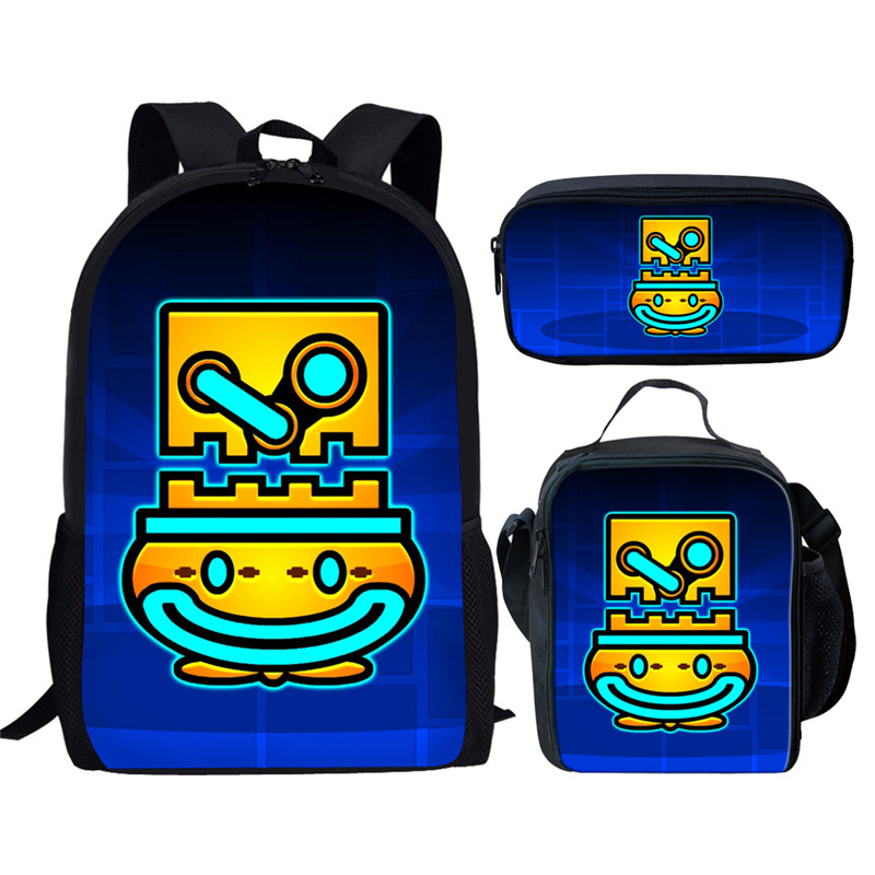 Cartoon Geometry Dash Print 3Pcs School Bag Set for Teenager Girls Boys Kids Backpack Student Book bag with Lunch Bag Pencil Bag