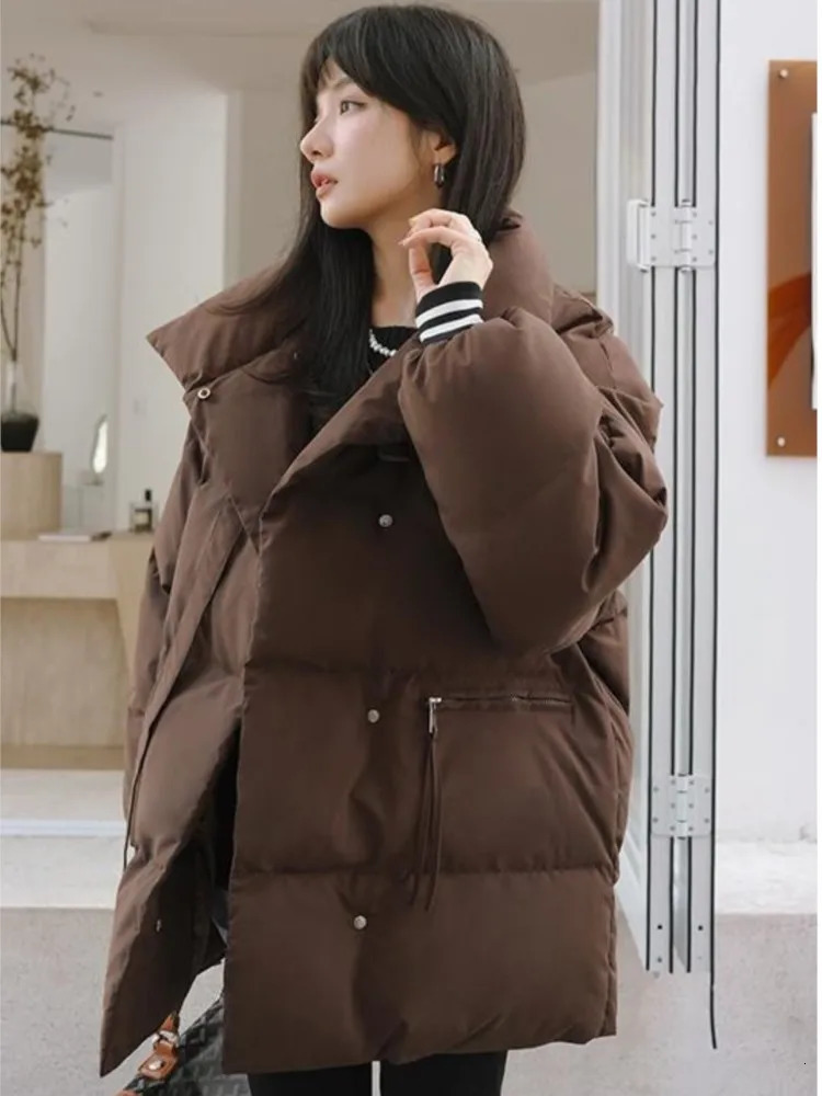 Brown Puffer Jacket Winter Womens Stand Collar Parkas Thick Warm Cap Botton Coat Korean Fashion Coat 241107