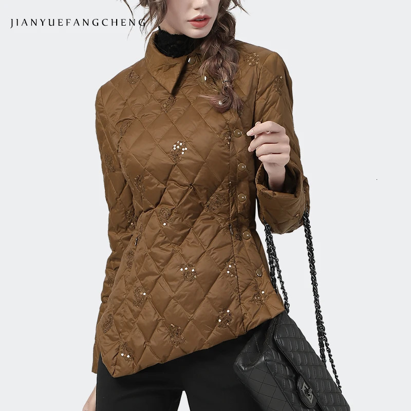 Retro brown embroidered womens winter down jacket ultra-thin irregular side button down sequin warm white duck down jacket 241107