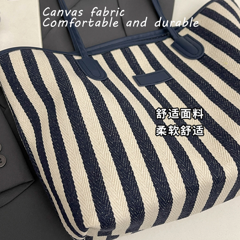 Canvas Bag For Women Large Tote Shoulder Shopping Striped Hand Bag Female Soft Fabric Cotton Black And White Big Casual Ladies