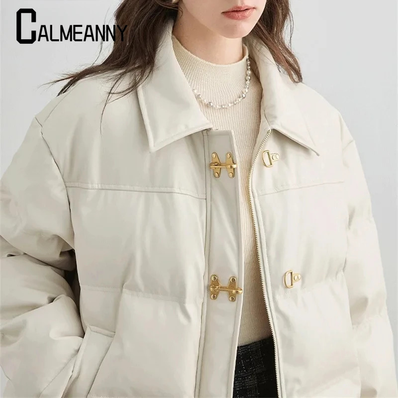 Womens down jacket winter casual loose collar velvet leather jacket short loose inflatable jacket 241107