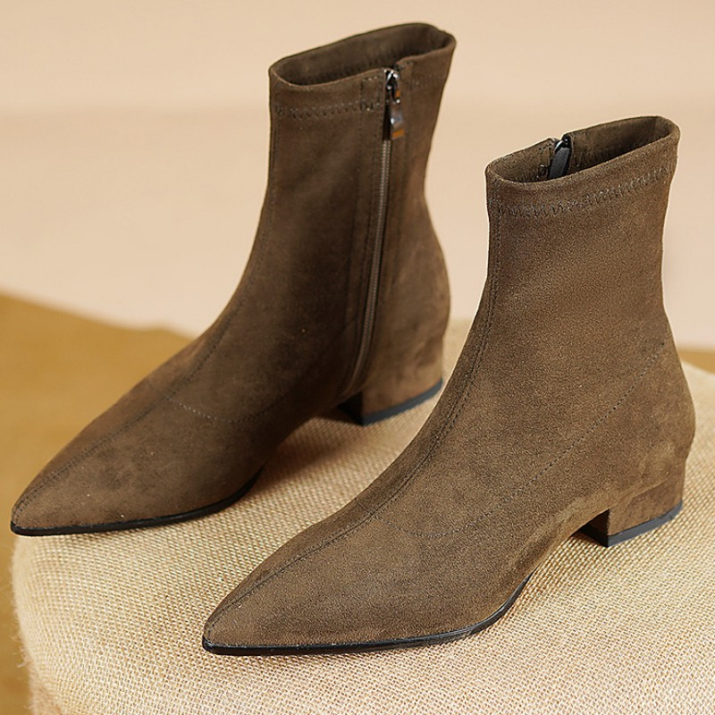Suede Leather Women's Ankle Boots Sexy Point Toe Brown Black Short Boot Autumn Winter Shoes 2023 Western Brand Designer Big Size