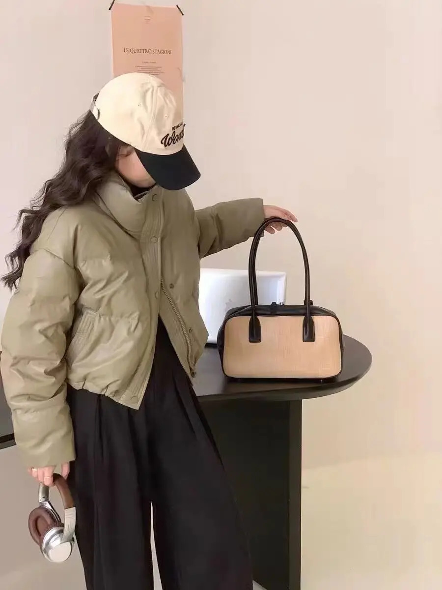 Winter Warm Short Parkas Womens Y2K Fashion Pu Leather Crop Inflatable Jacket Womens Loose Street Clothing Zipper Long Sleeve 241107