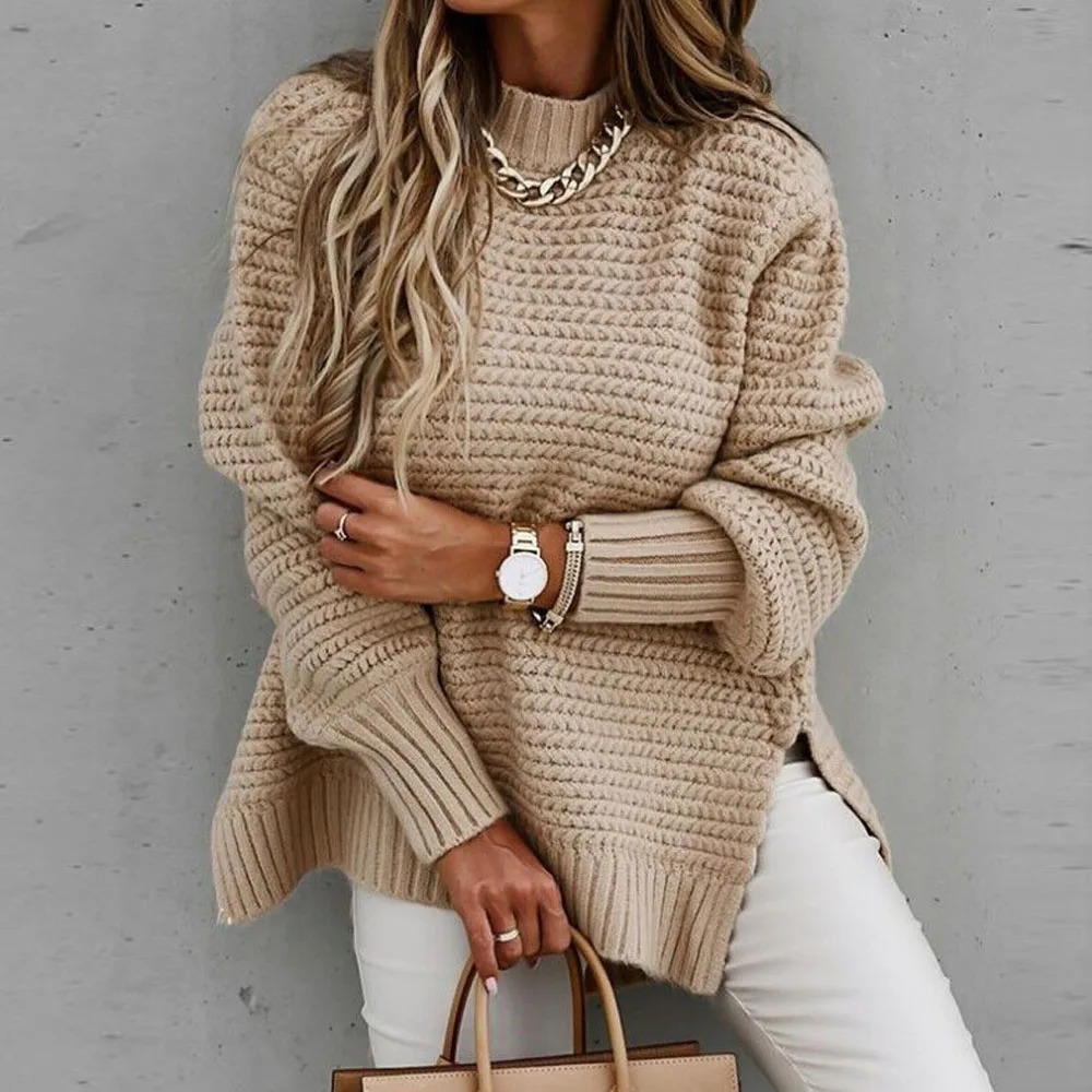 Women Turtleneck Long Lantern Sleeve Side Split Knitted Pullover Sweater Tops PYMY-MY188 241107