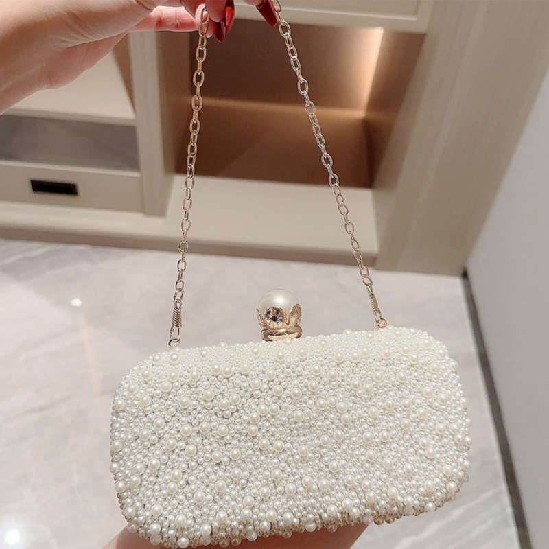 Women Elegant Beaded Pearl Handbag Bridal Wedding Party Clutch Prom Evening Bag with Detachable Chain Crossbody Shoulder Bag