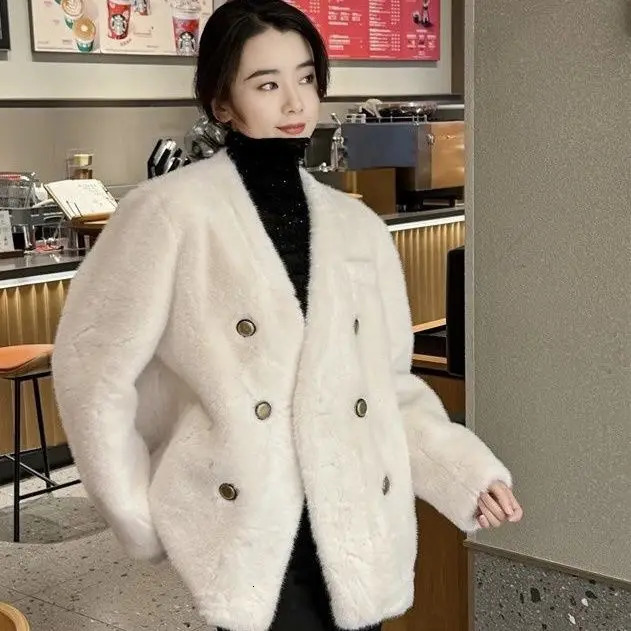 Fashion V-neck metal double-layer fur environmentally friendly mink coat womens winter clothing sexy leopard pattern fur coat womens top 241107