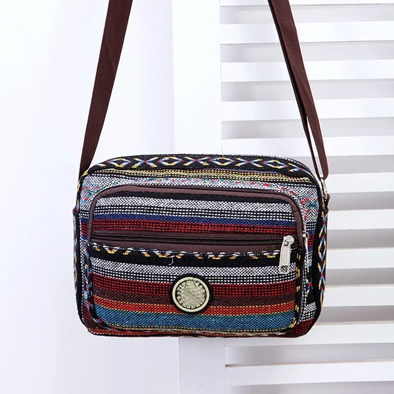 Multi Layer Messenger Bag Women 2024 Striped Canvas Single Bag Woman Mobile Phone Crossbody Bag Nylon Oxford Shoudler Bag