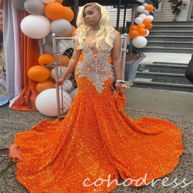 Glitter Orange Prom Dresses For Black Girls Sparkle Sequin Mermaid Evening Dress Rhinestone Beaded Plus Size Formal Dress African Birthday Party Gowns