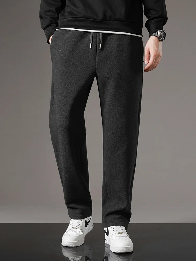 Winter Fleece Sweatpants Men Thicken Warm Jogger Pants Drawstring Elastic Waist Zip Pockets Thermal Straight Track Trousers 241104