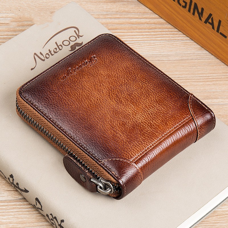 Men's Wallet Short Genuine Leather Top Layer Cowhide Zipper Card Bag