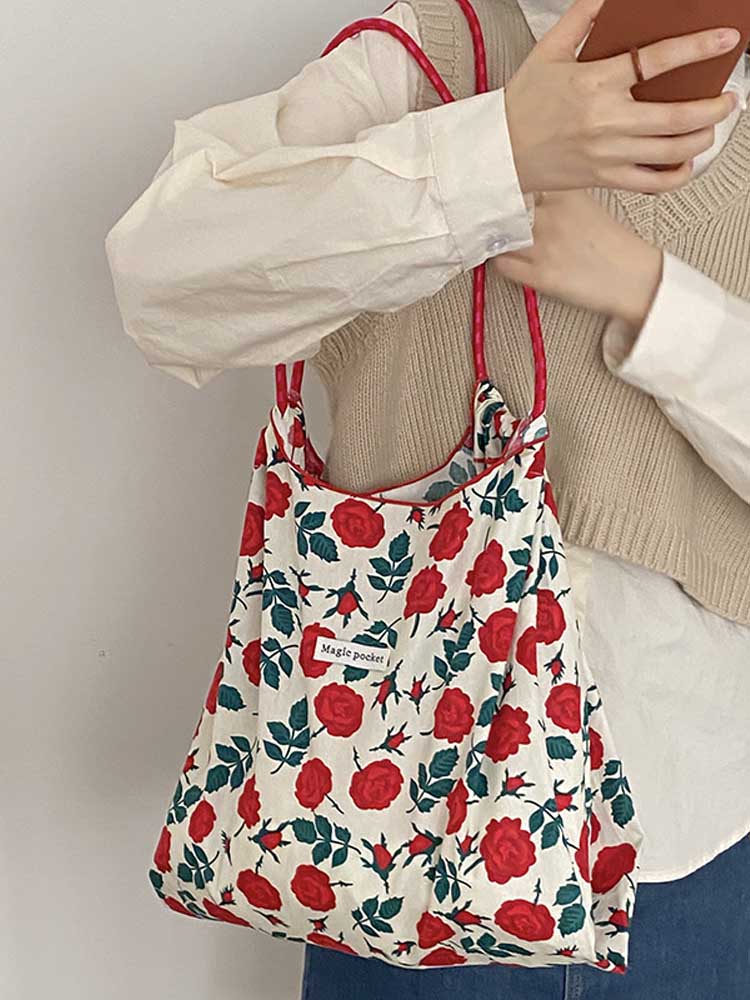 Hylhexyr Ins Small Floral Canvas Shoulder Bag Large Capacity Casual Tote Shopping Bags For Women
