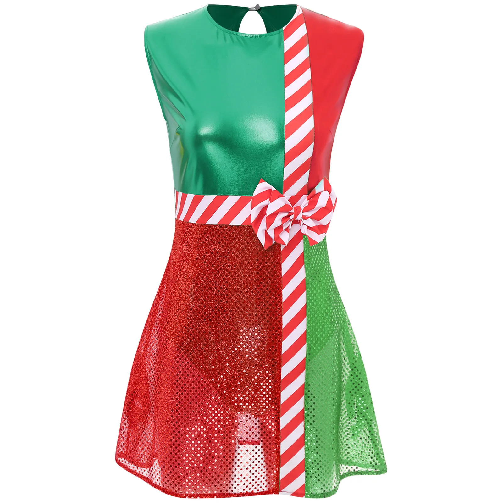 Womens sequined Christmas dress with metallic shimmer equipped with a safety jacket round neck sleeveless bow compared to ball dresses 241106