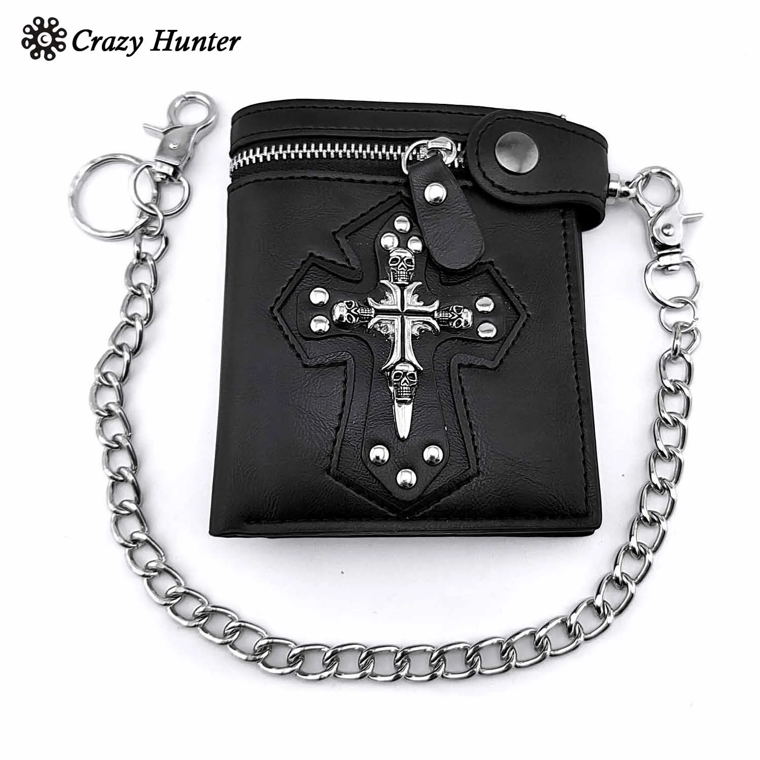 Gothic Skull Cross Biker Punk Card Holder Mens Leather Wallet With Pants Chain