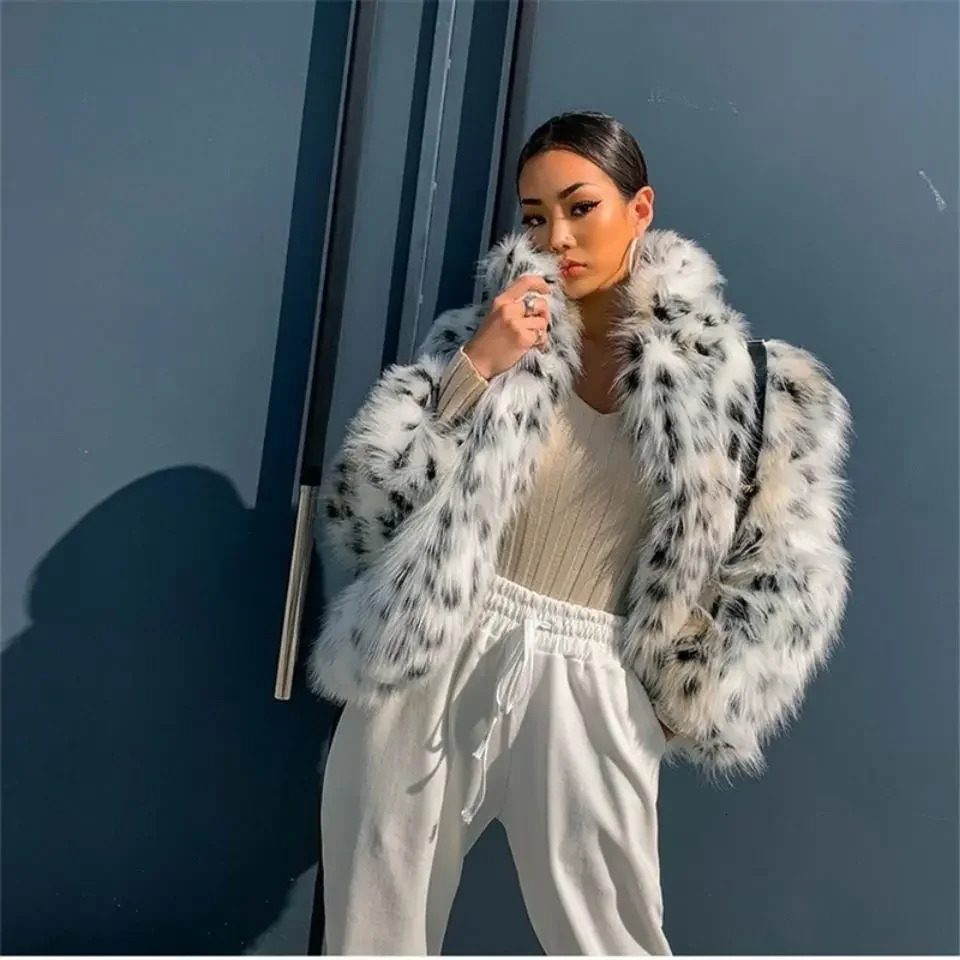 faux mink leopard print coat womens lapel plush fox fur bomber jacket spotted cardigan top 241107