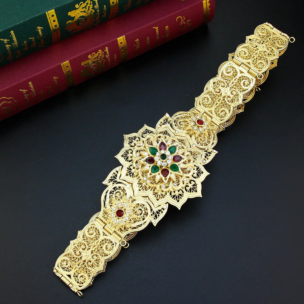Sunspicems Gold Color Moroccan Caftan Belt For Women Dress Waist Chain Belt Arabic Bride Wedding Jewelry Robe Sash Body Chain 241107