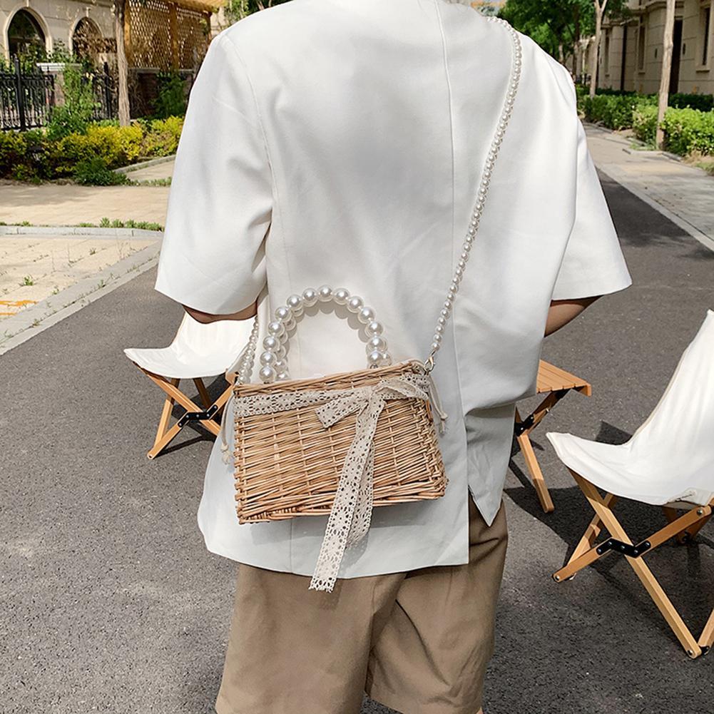 Small Beach Handbags Women Summer Bags Fashion Rattan Woven Lace Pearl Basket Shoulder Women Drawstring Tote Bags
