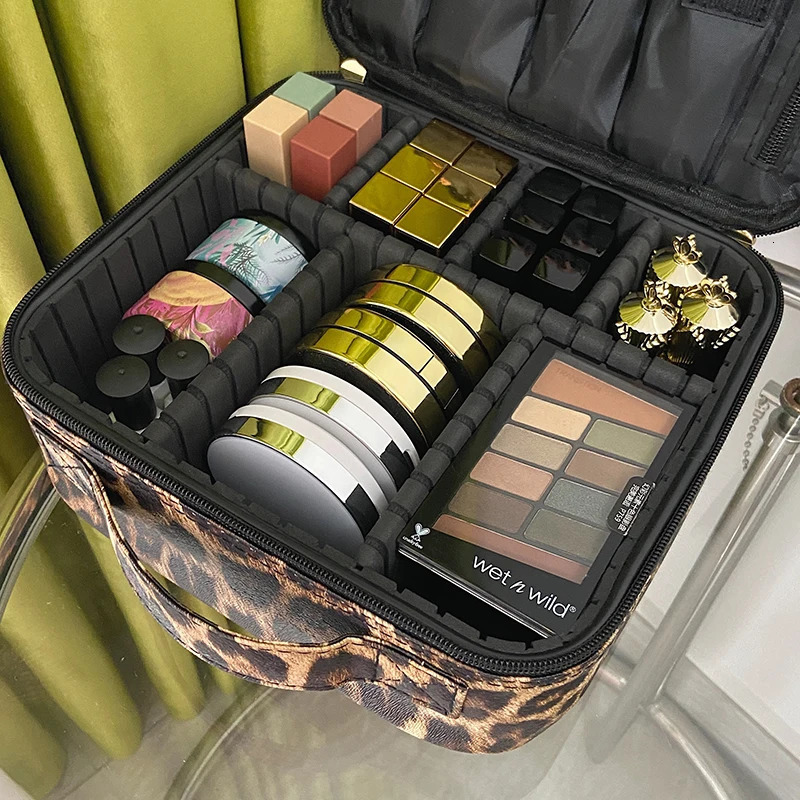 Leopard Pattern Cosmetic Bag Partition Multi functional Portable Travel Storage Makeup Box 241106