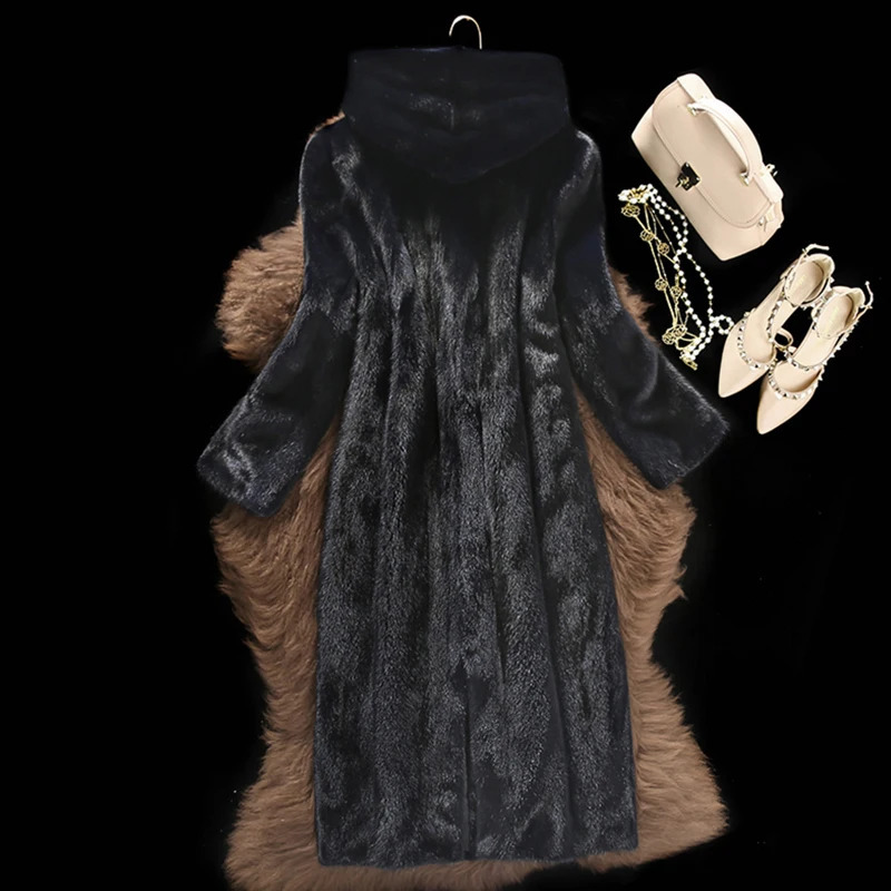 Womens fur coat winter mink coat long hood warm 241107